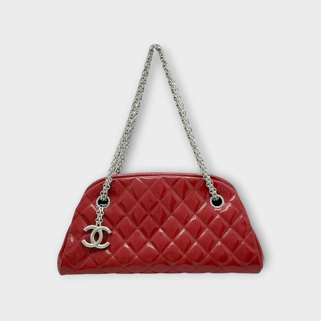 CHANEL Mademoiselle Chain Shoulder Bag Matelassé Coco Mark Red Leather 【B】