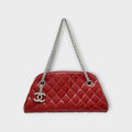 CHANEL Mademoiselle Chain Shoulder Bag Matelassé Coco Mark Red Leather 【B】