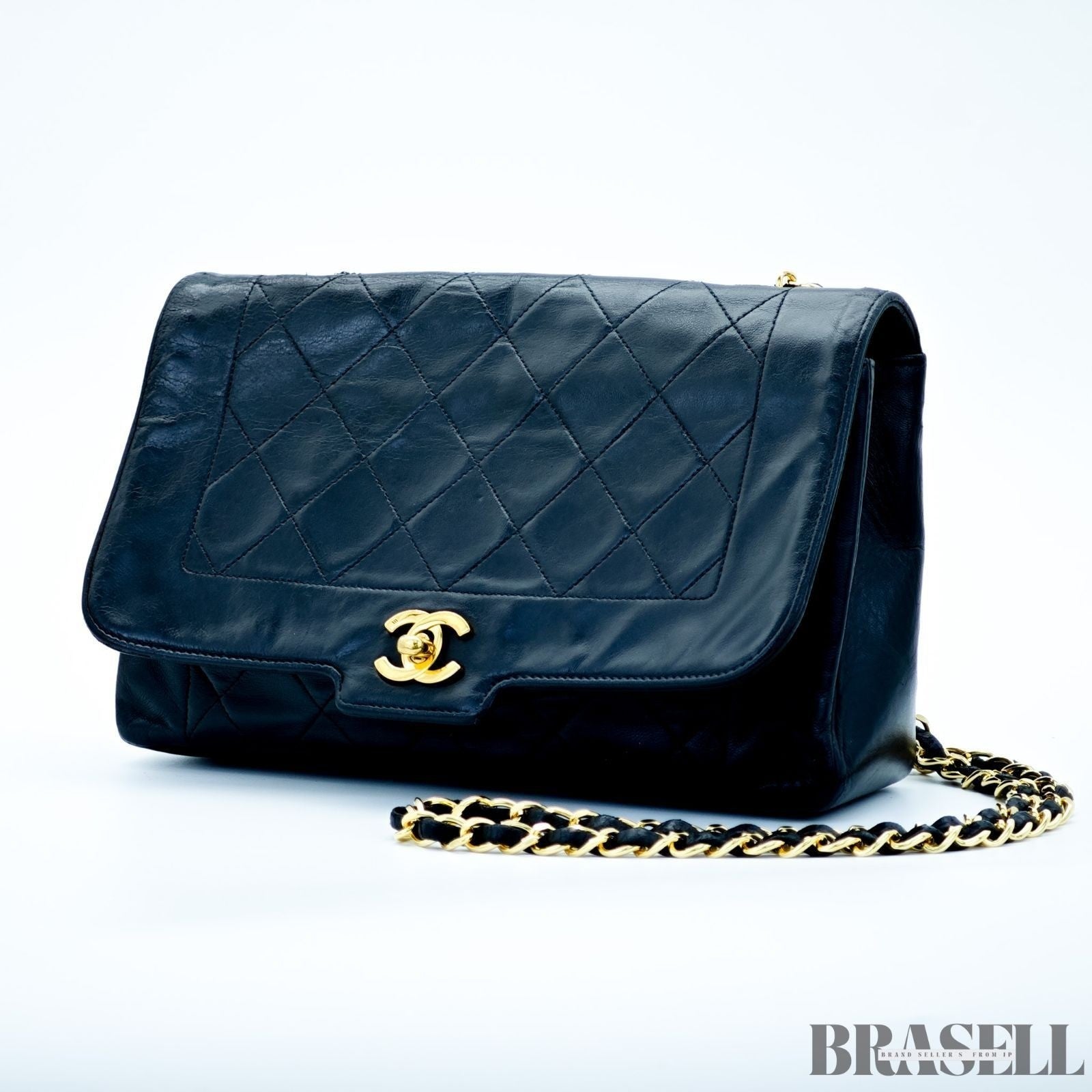 Chanel Matelassé Coco Mark Diana Shoulder Bag Flap Compact Black Leather Women
