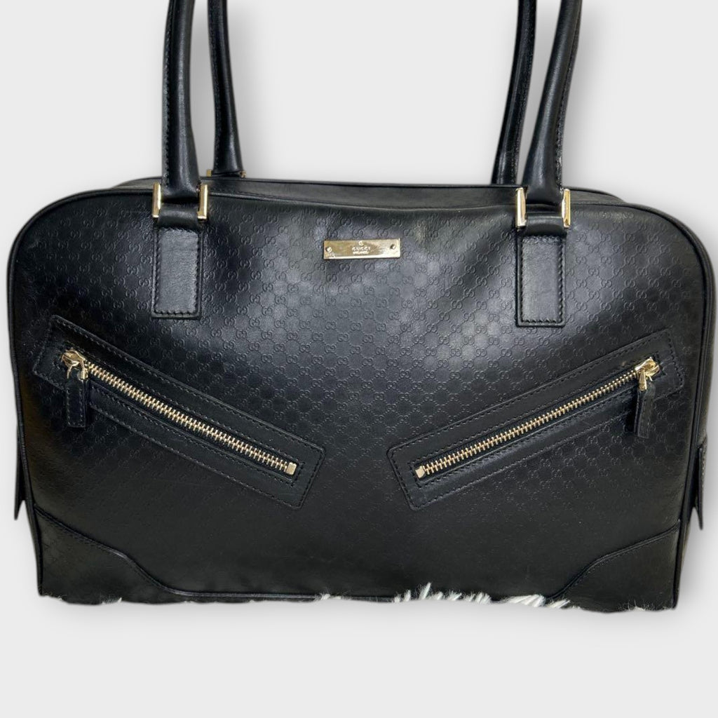 GUCCI Mini Boston Bag Handbag Logo Microguccissima Black Leather