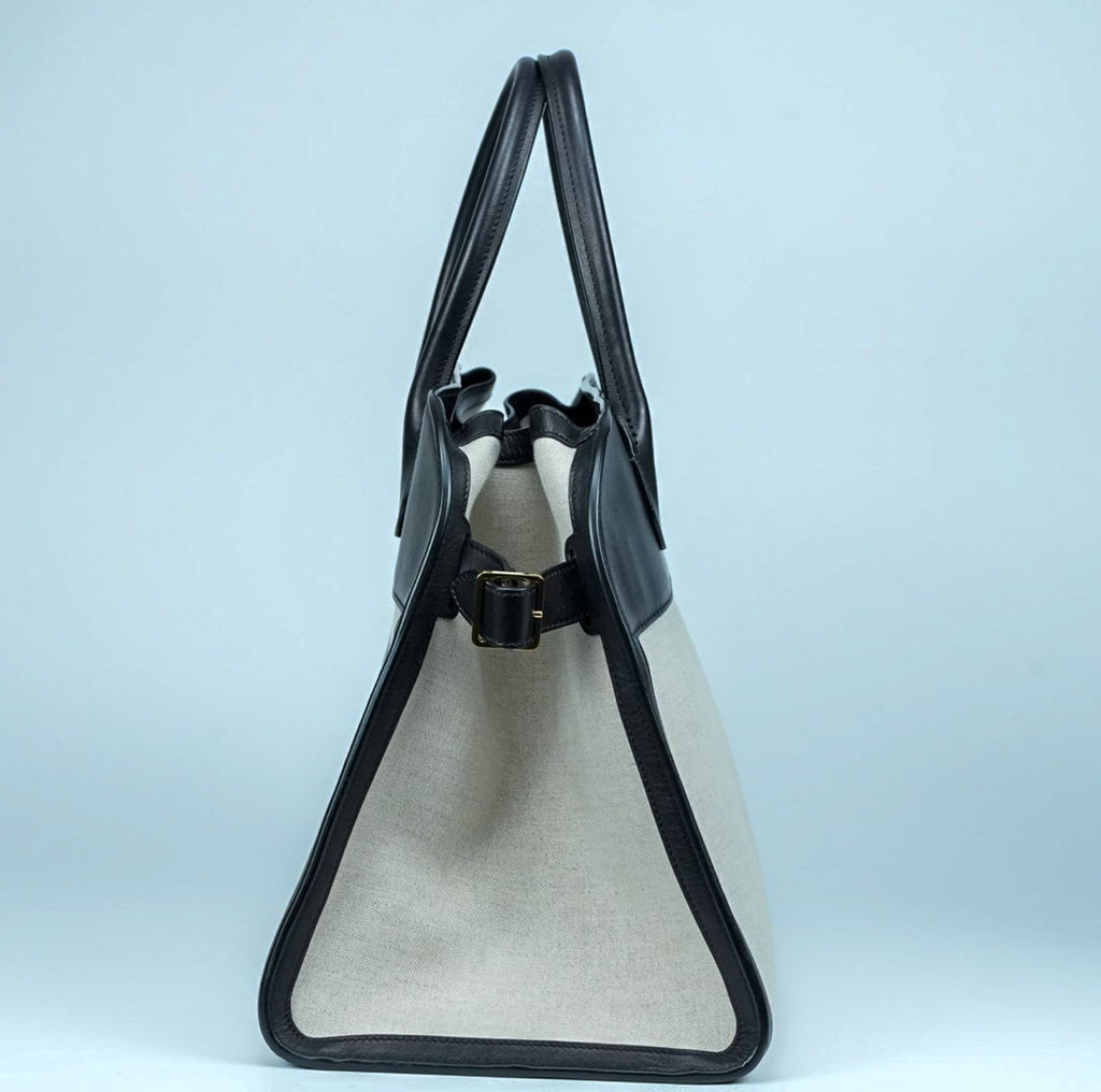 THE ROW Margaux 15 Canvas and Leather Handbag in Black and Beige