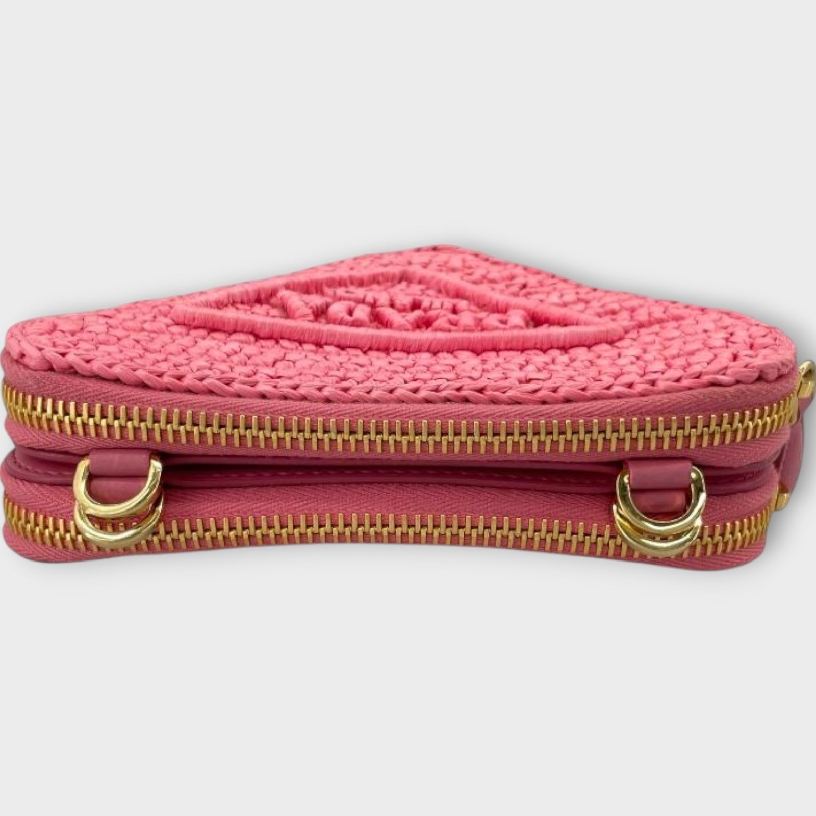 PRADA Triangle Shoulder 1NR015 Pink Gold Hardware Leather/Raffia Shoulder Bag