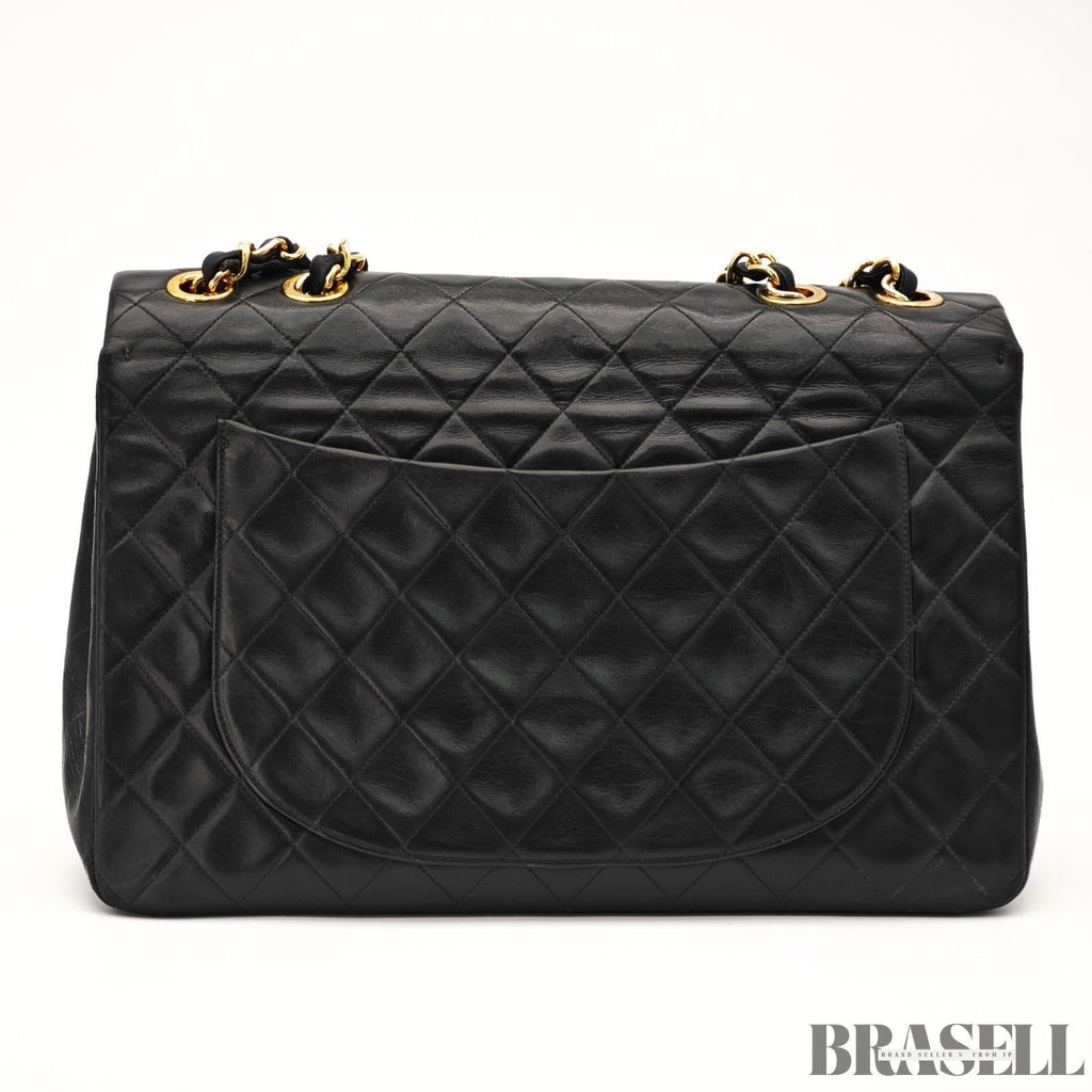 CHANEL Maxi Jumbo Matelasse Quilted Lambskin Chain Handbag Top Handle Bag Black