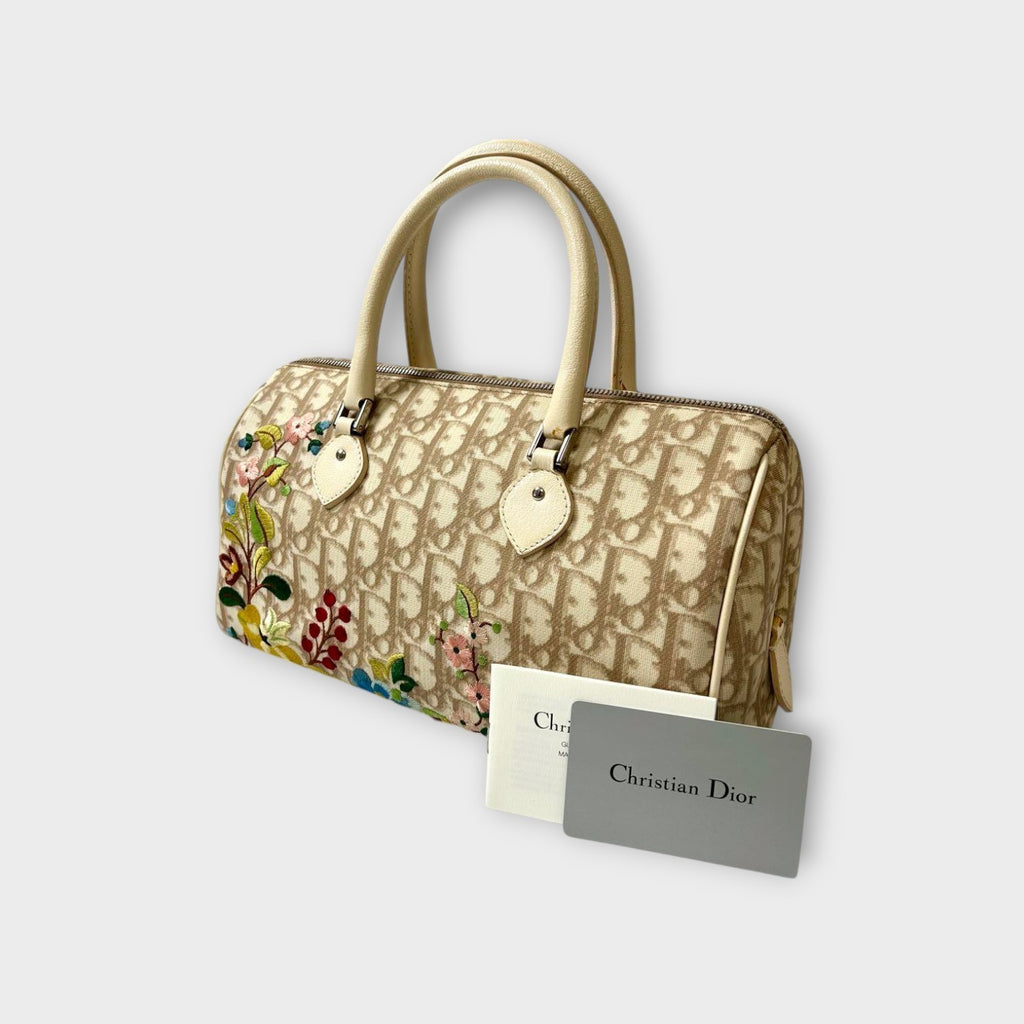 Dior Trotter PVC Leather Floral Handbag Tote Bag Beige Silver Hardware 【B】