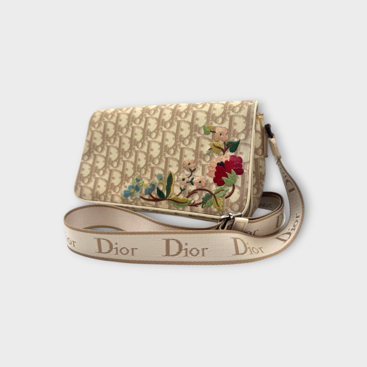 Dior Trotter Flower Embroidery Shoulder Bag CD Hardware Canvas Leather Beige 【B】