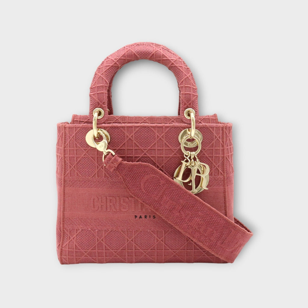 Christian Dior Lady D-Lite Cannage Embroidery Handbag 2Way Canvas Rose 【A】