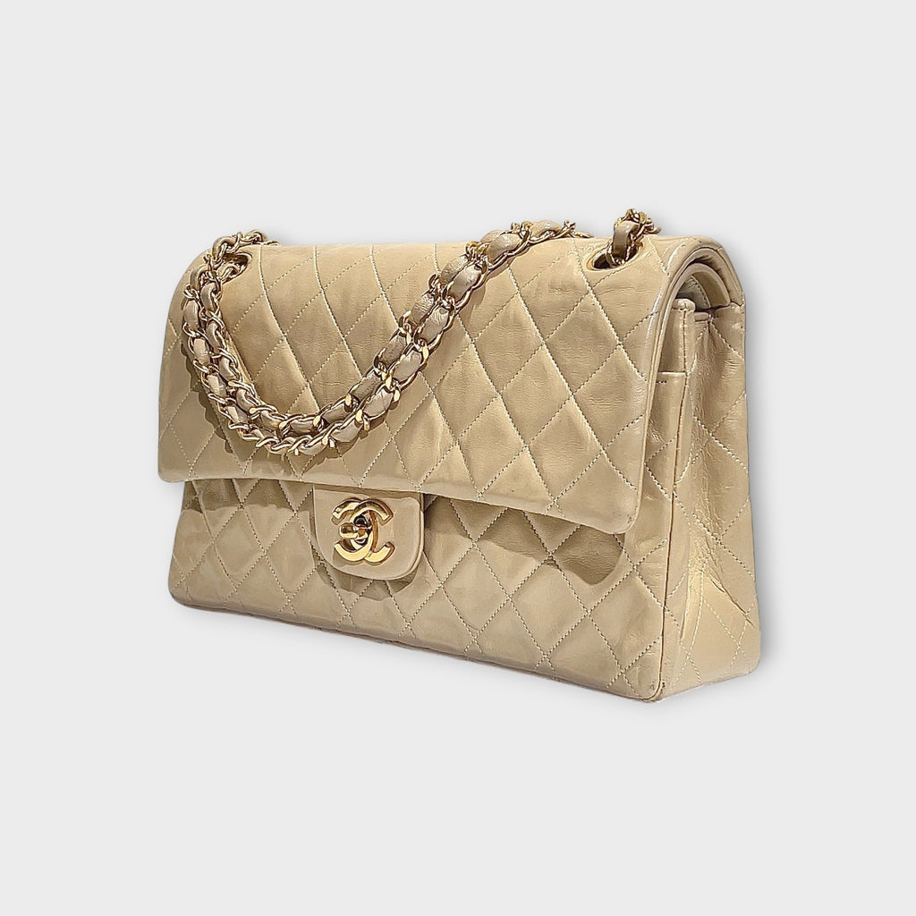Chanel Classic Double Flap Bag 25 Beige Lambskin with Chain Strap and CC Logo【B】