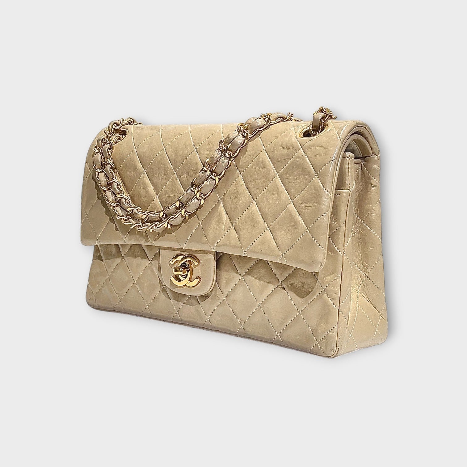 Chanel Classic Double Flap Bag 25 Beige Lambskin with Chain Strap and CC Logo【B】