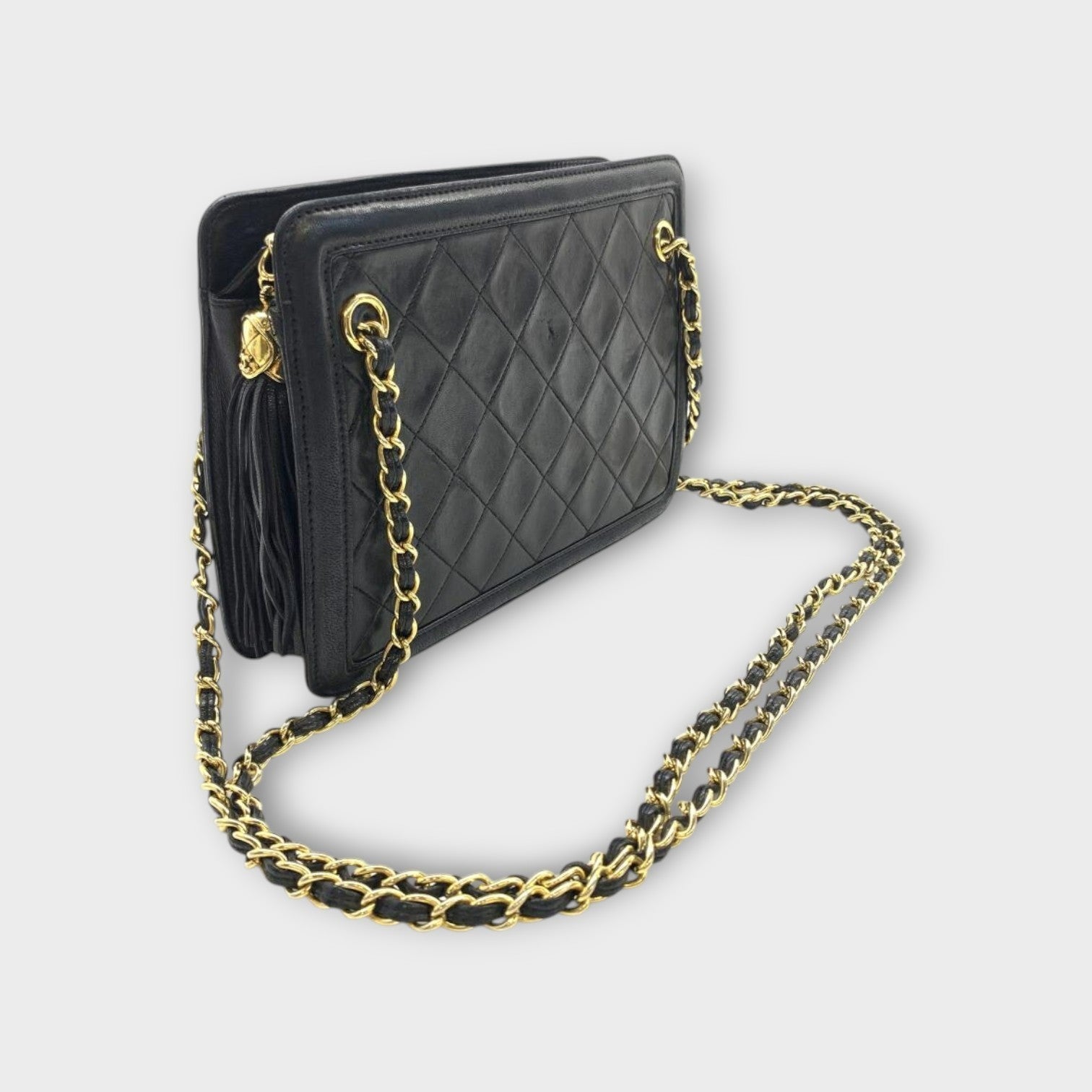 CHANEL Matelassé Fringe Chain Shoulder Bag Lambskin Black Gold Hardware 【B】