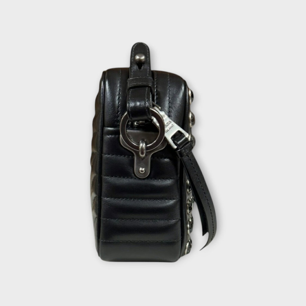 Prada Crystal Studs Chain Shoulder Bag Leather 1BH103 Black Silver Hardware 【A】