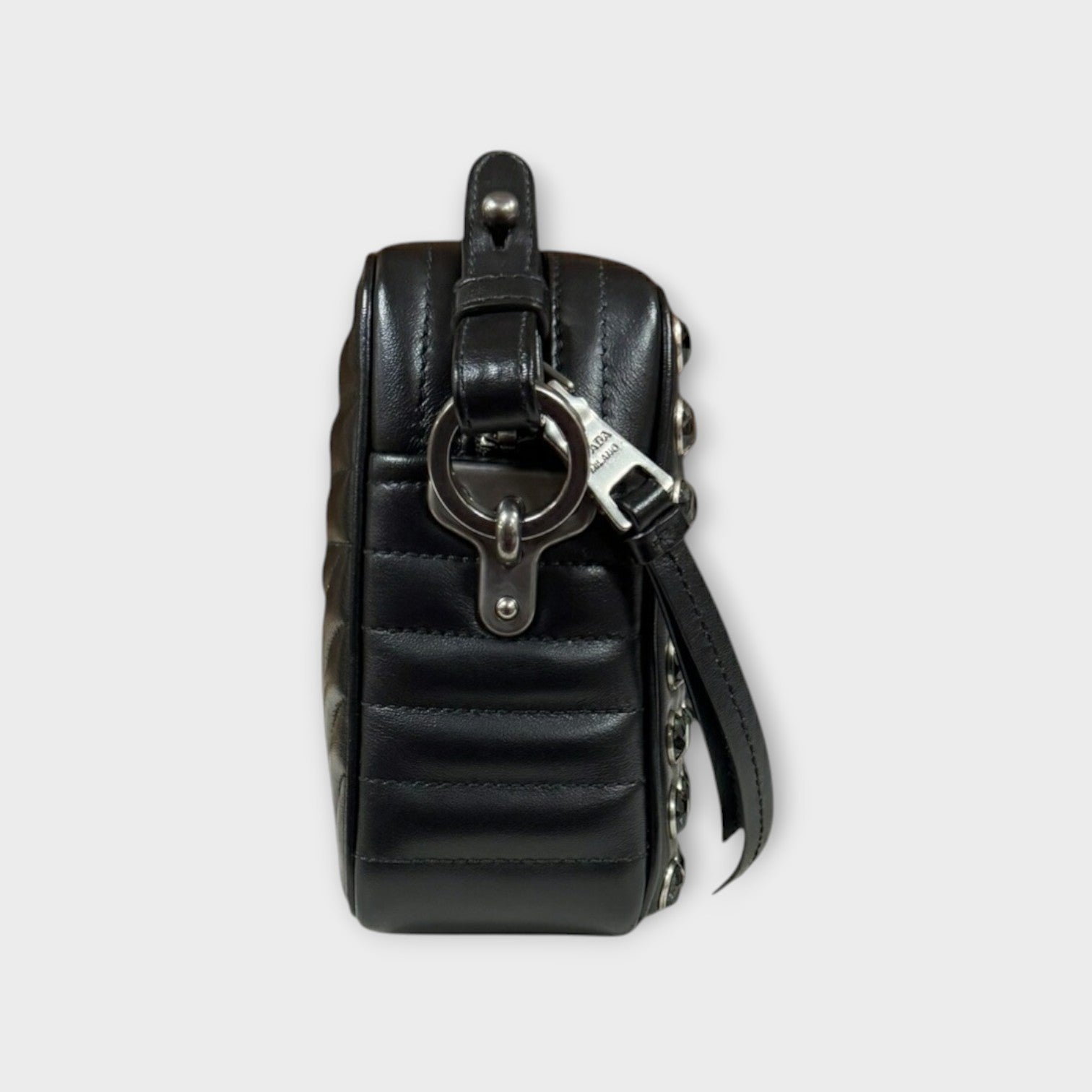 Prada Crystal Studs Chain Shoulder Bag Leather 1BH103 Black Silver Hardware 【A】