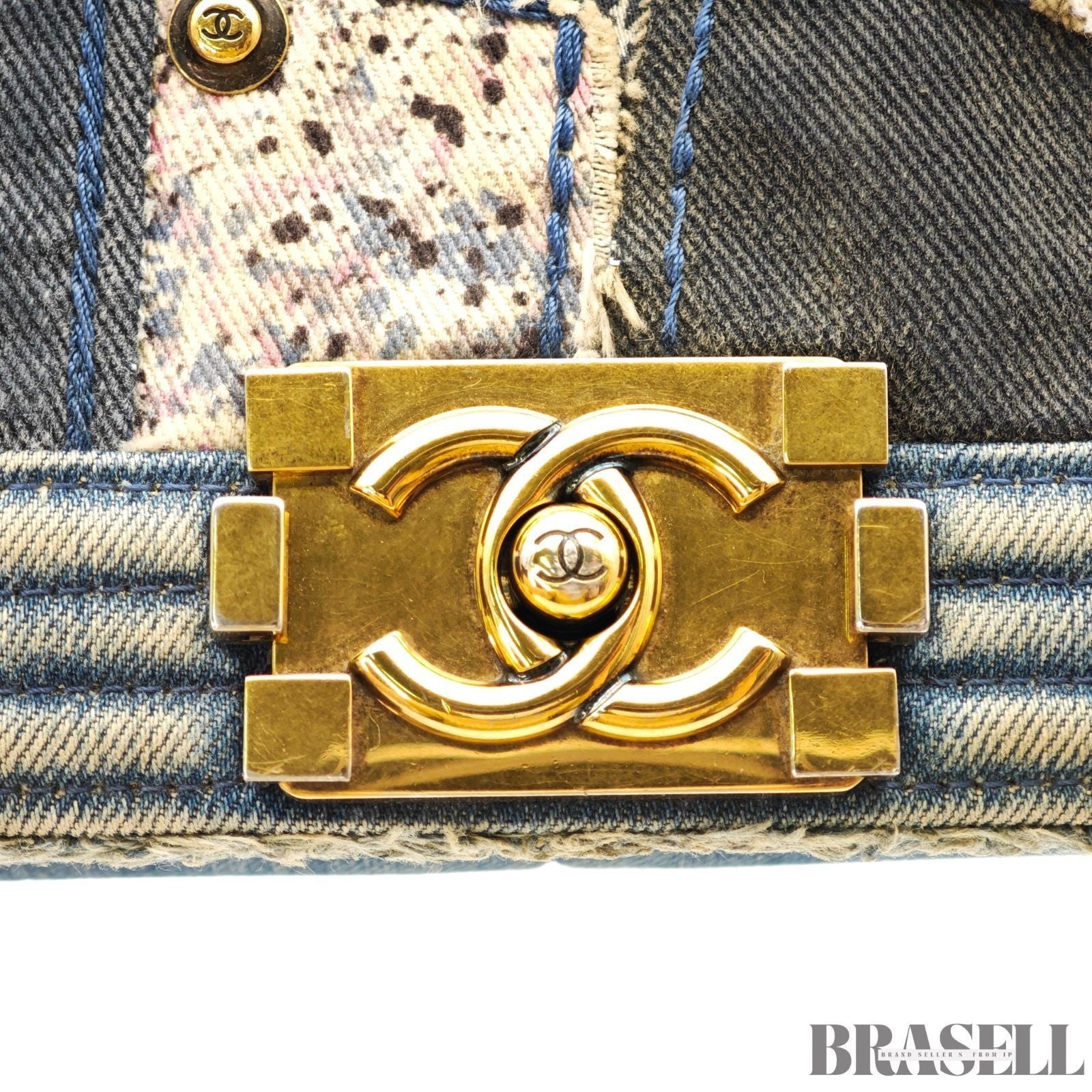 Chanel Boy Chanel Patchwork Chain Shoulder Bag Blue Gold Denim w/Box Dust Bag