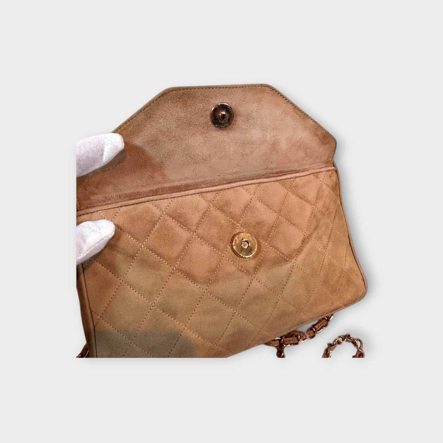 CHANEL Chain Shoulder Bag Matelassé Suede Leather Coco Mark Beige 【B】