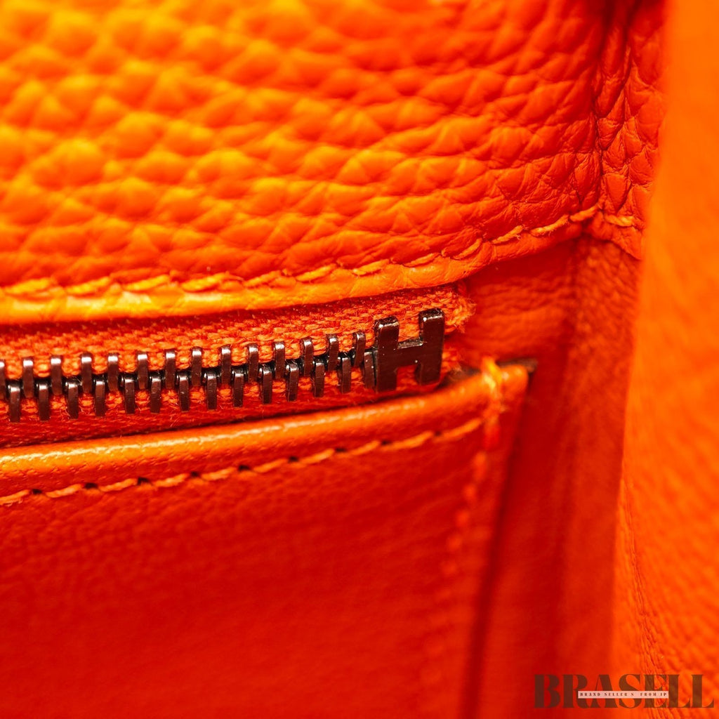 HERMES Kelly 28 Orange Silver Metal Taurillon Clemence 2way Handbag Shoulder Bag