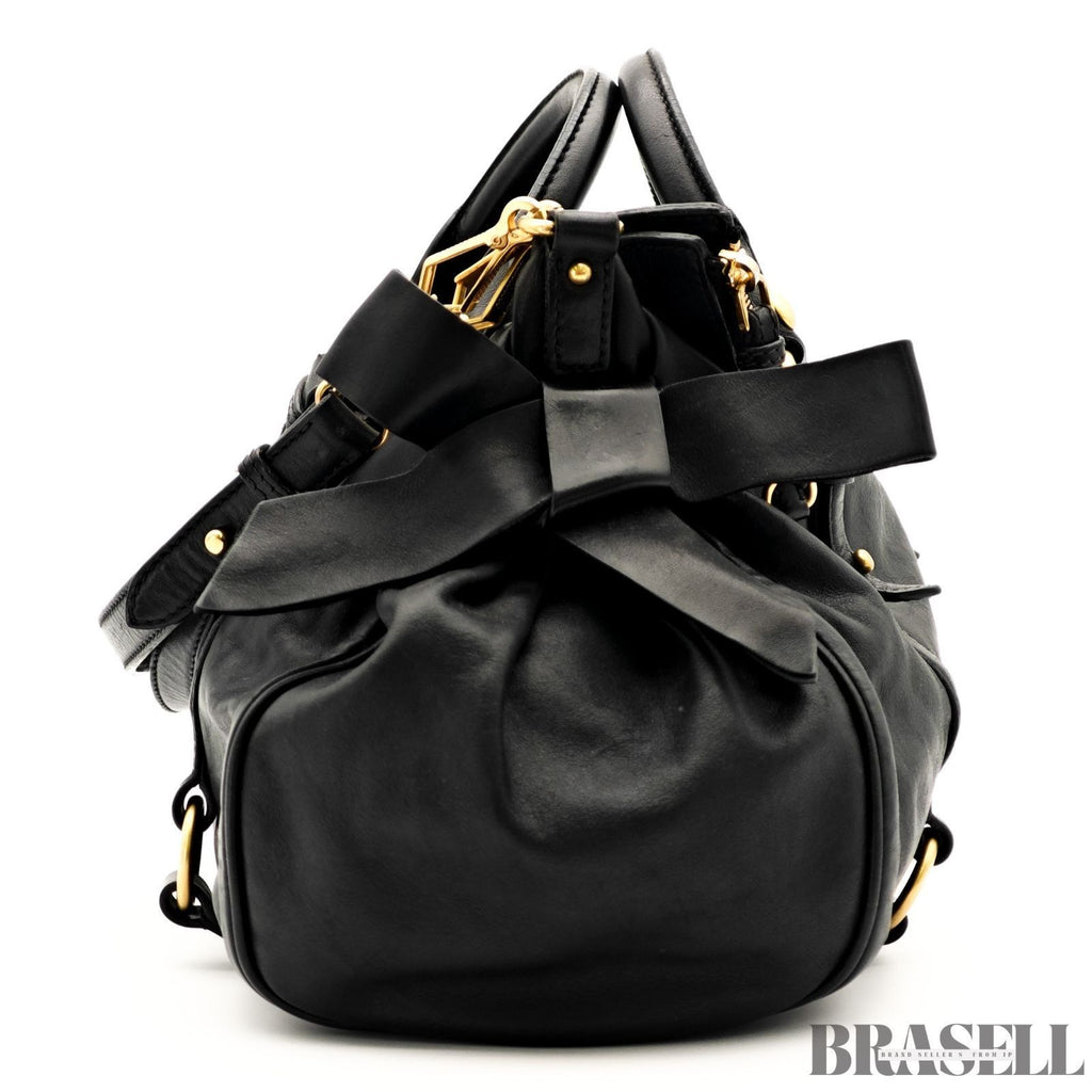 Miu Miu Ribbon 2Way Handbag Leather Black Shoulder Bag Woman Shoulder Strap