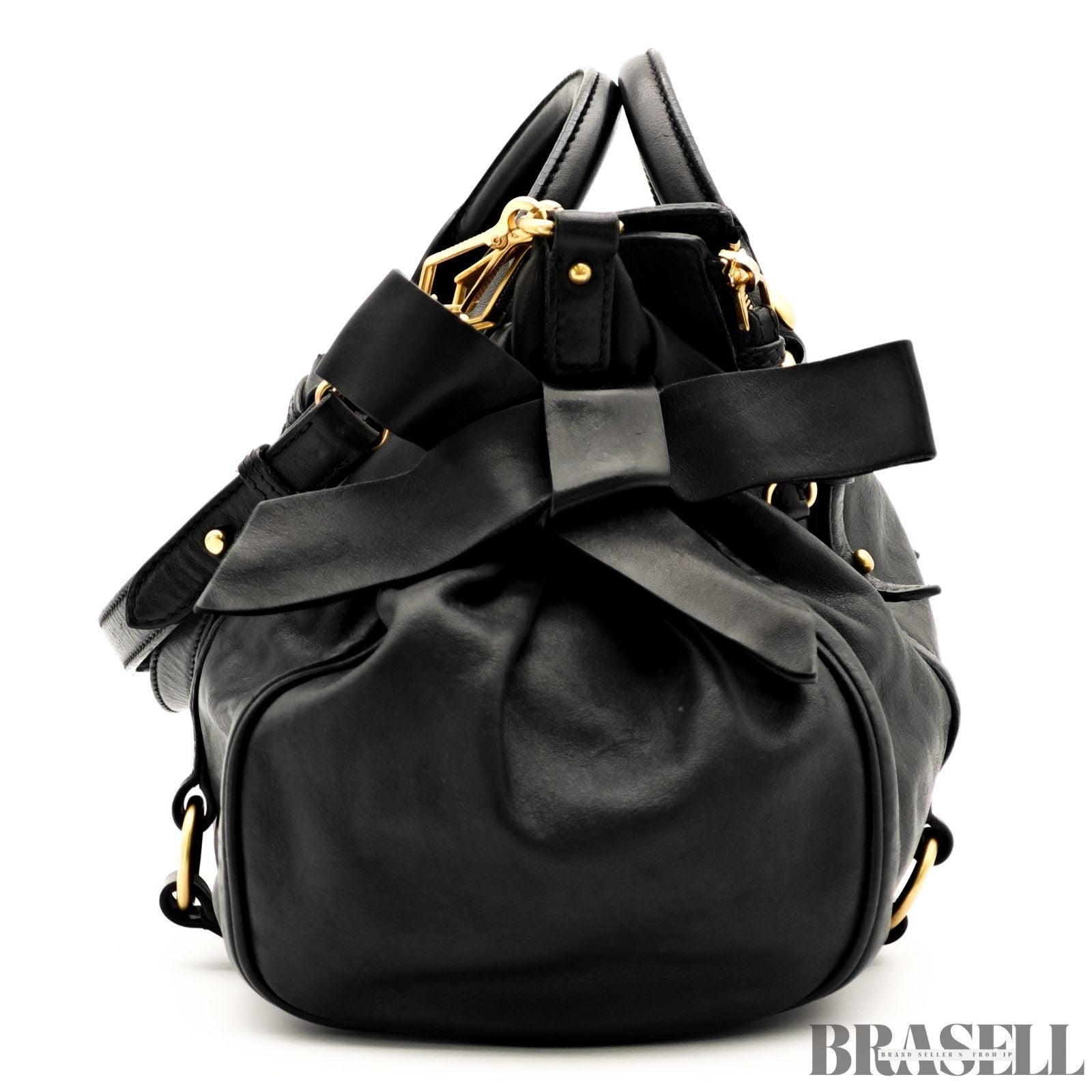 Miu Miu Ribbon 2Way Handbag Leather Black Shoulder Bag Woman Shoulder Strap