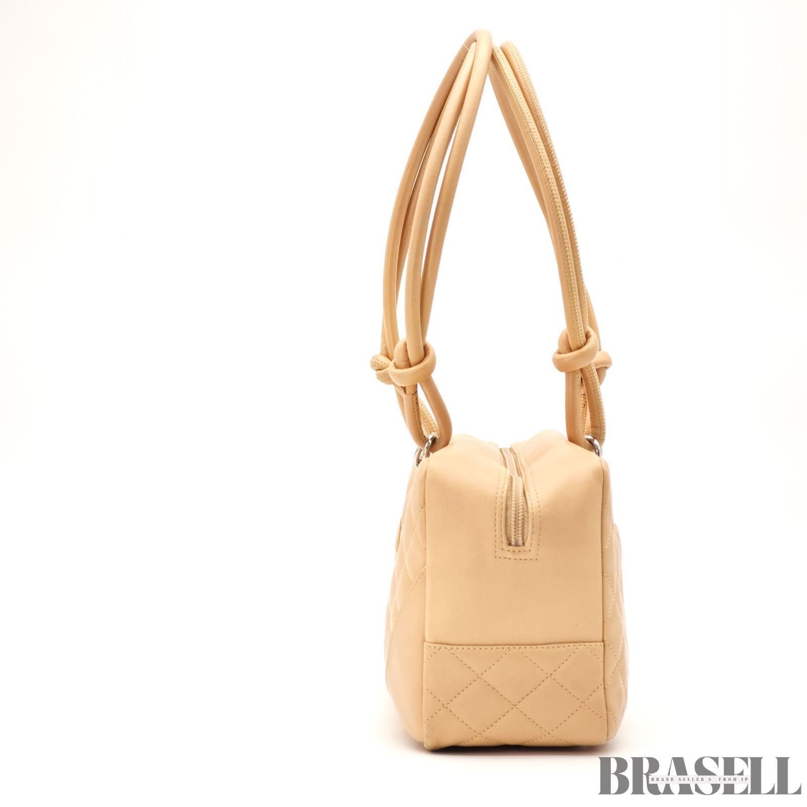 CHANEL Cambon Line Bowling Tote Bag Handbag Leather Beige with Warranty Card