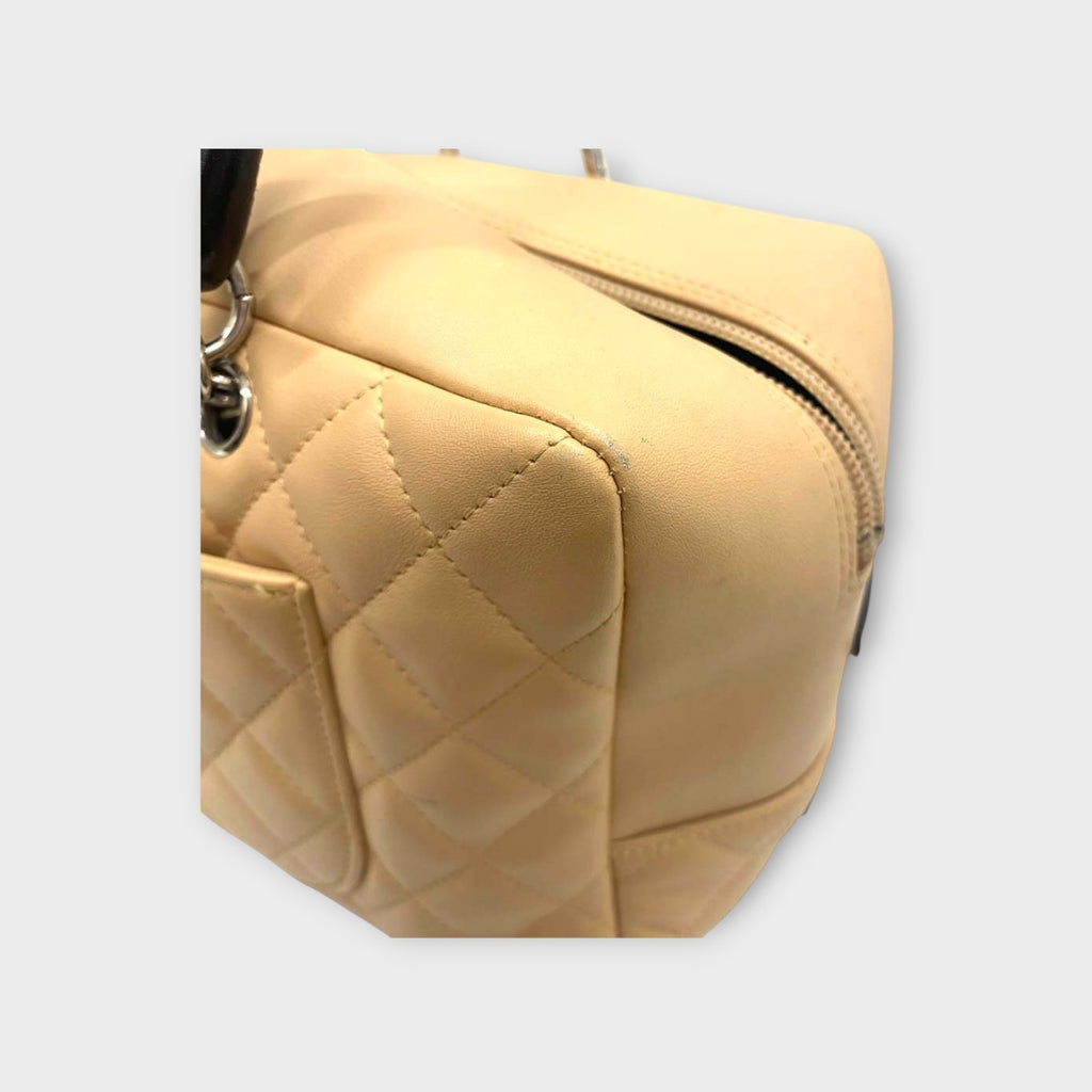 CHANEL A25171 Cambon Line Matelasse Bowling Bag Beige Black Handbag 【B】