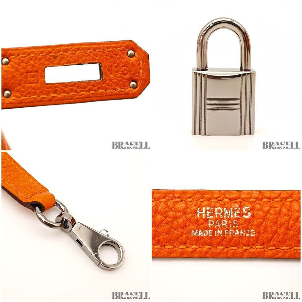 HERMES Kelly 28 Orange Silver Metal Taurillon Clemence 2way Handbag Shoulder Bag