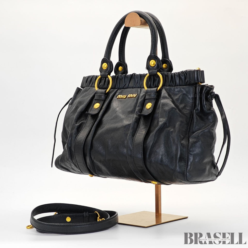 Miu Miu Gathered Handbag RT0383 2-Way Shoulder Bag Black