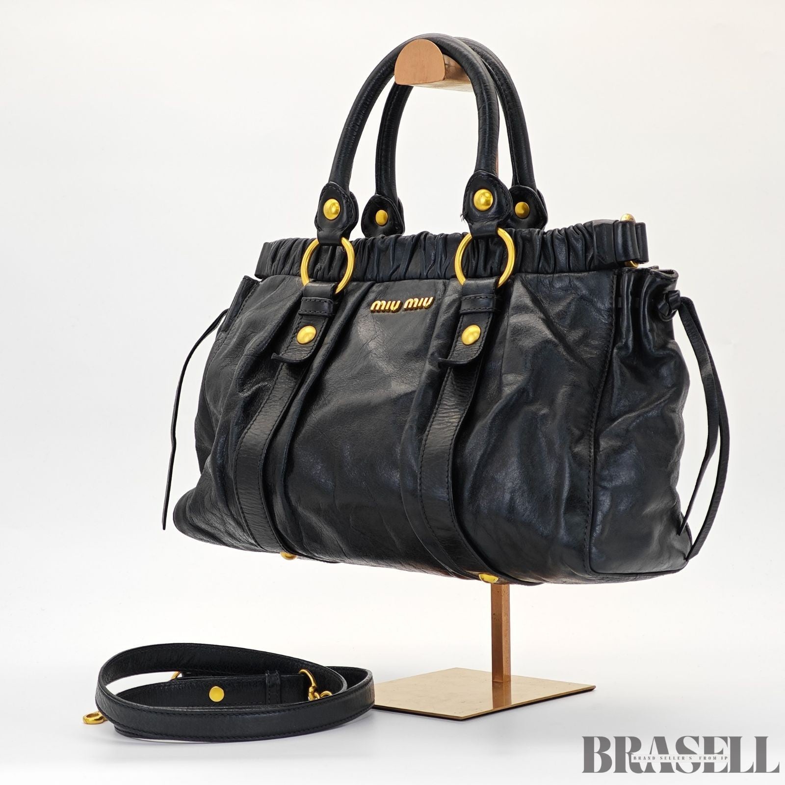 Miu Miu Gathered Handbag RT0383 2-Way Shoulder Bag Black