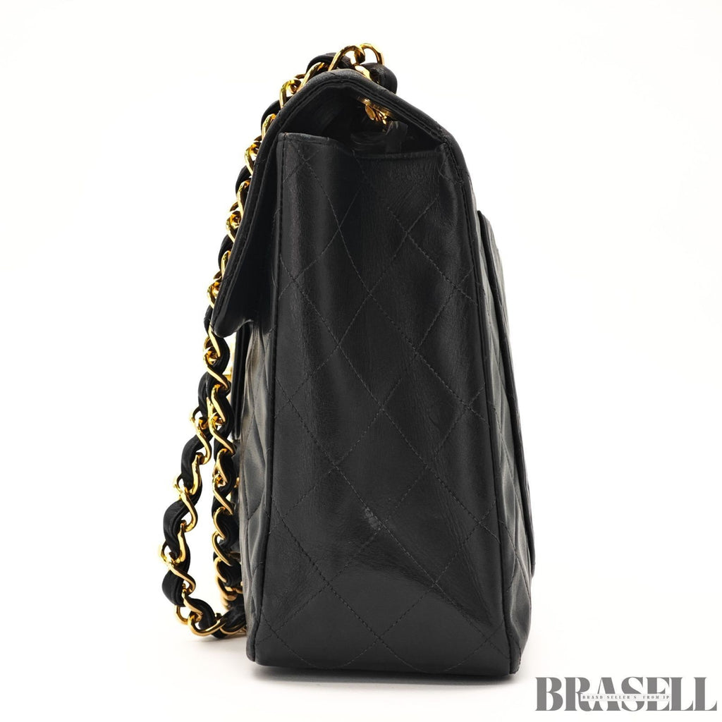 CHANEL Maxi Jumbo Quilted Matelasse Lambskin Flap Bag Handbag Black