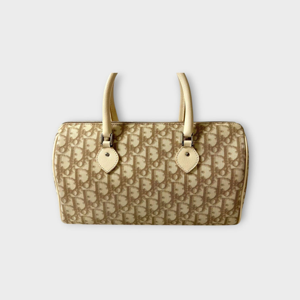 Dior Trotter PVC Leather Floral Handbag Tote Bag Beige Silver Hardware 【B】