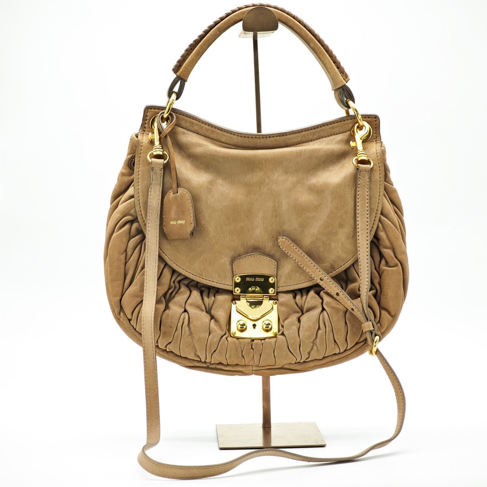 MIU MIU Matelassé Leather Handbag 2-Way Brown Women's