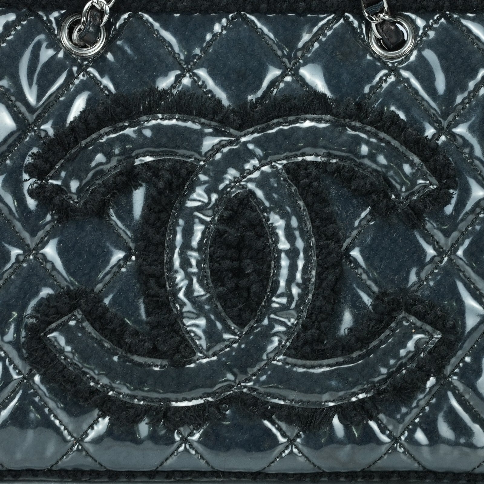 Last Sale CHANEL Funny Tweed Chain shoulder Tote Bag A47155 Plastics wool Black