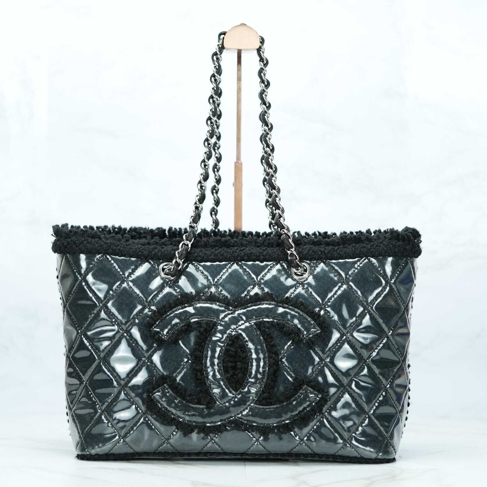 Last Sale CHANEL Funny Tweed Chain shoulder Tote Bag A47155 Plastics wool Black