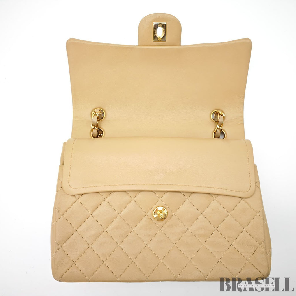 CHANEL Matelasse 25 Double Flap Lambskin 2-Way Shoulder Bag Beige Women's