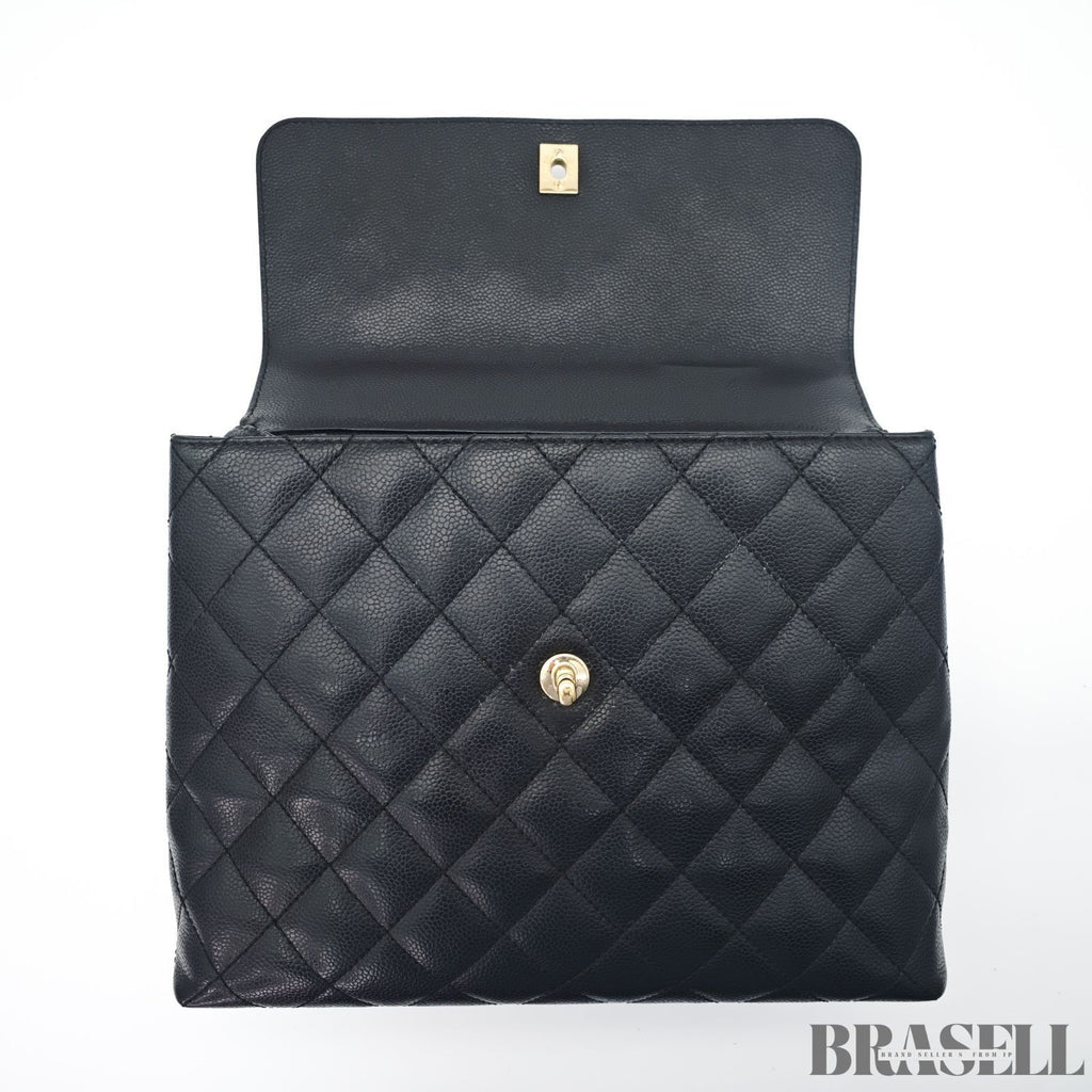 CHANEL Top Handle Bag Caviar Leather Handbag Black Women's with Dust Bag Card