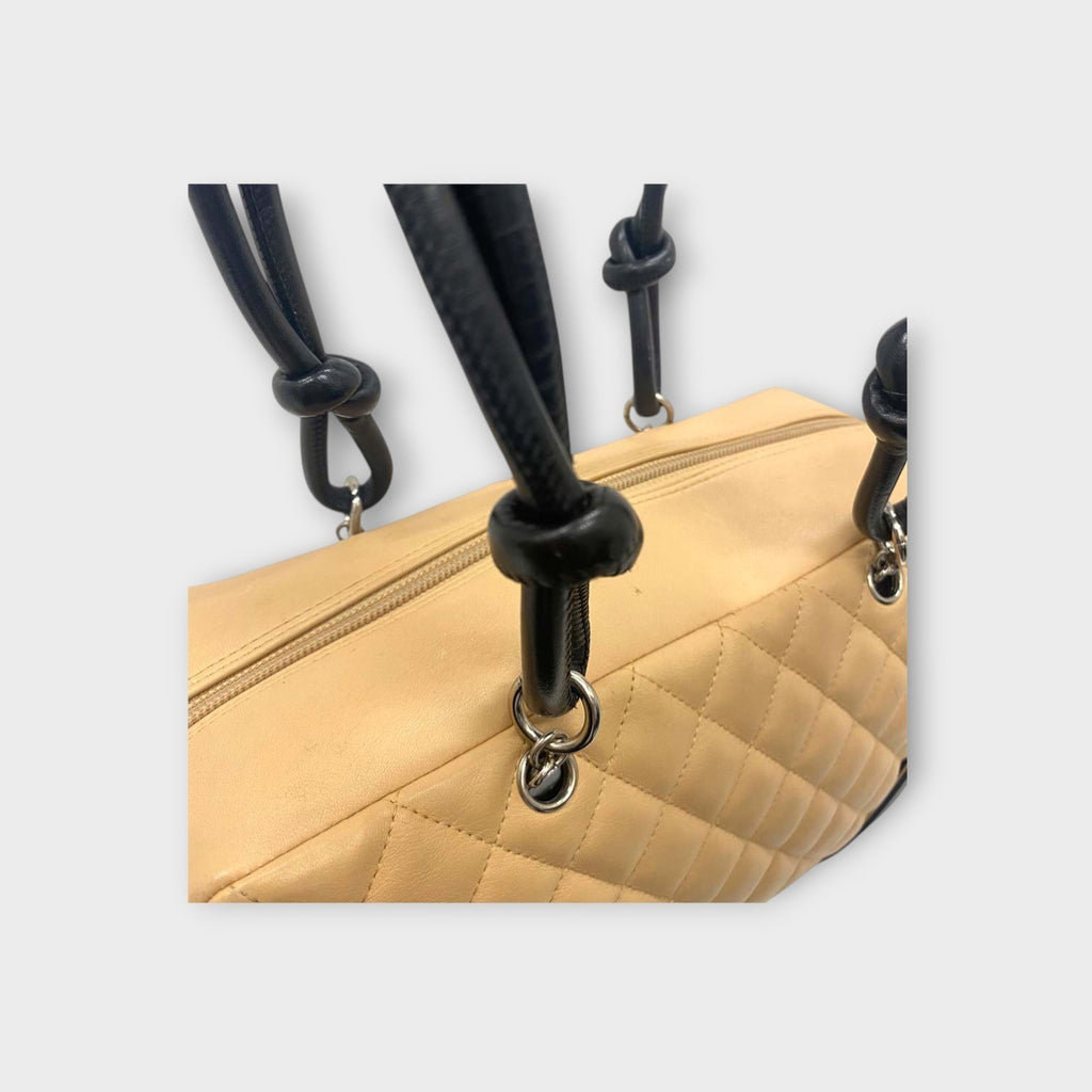 CHANEL A25171 Cambon Line Matelasse Bowling Bag Beige Black Handbag 【B】
