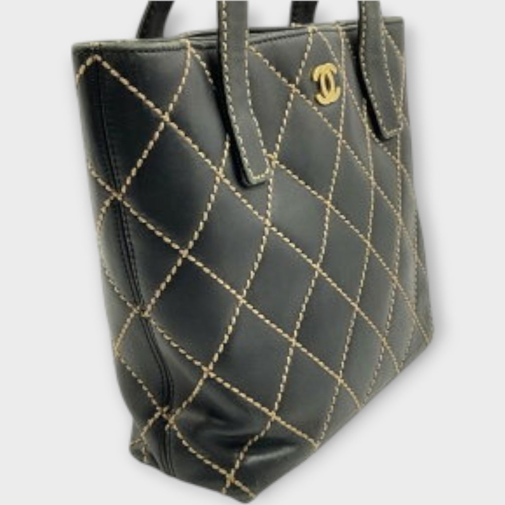 CHANEL A18126 Wild Stitch Tote Bag Leather Serial Seal Peeling Black x Beige