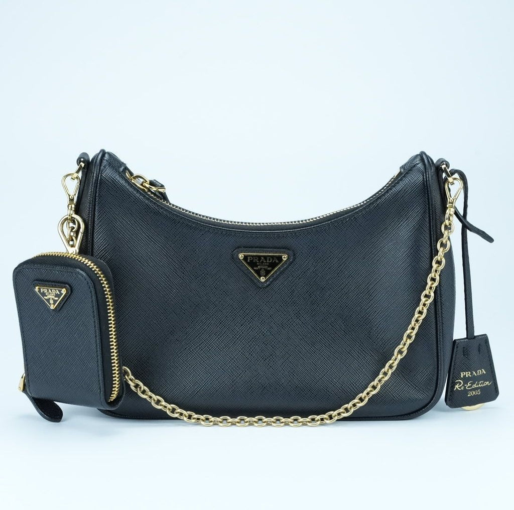 Prada Re-Edition 2005 Saffiano Leather Shoulder Bag in Black with Gold Hardware