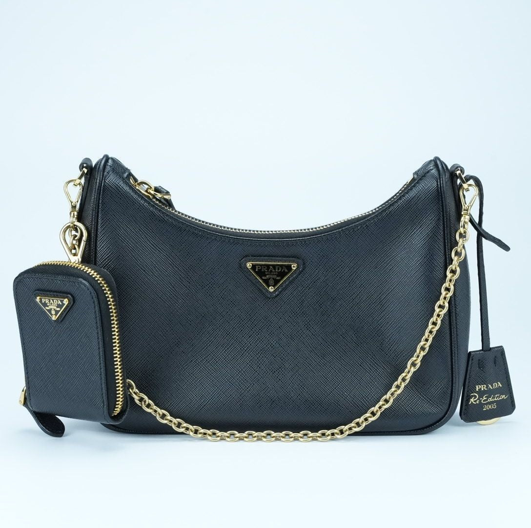 Prada Re-Edition 2005 Saffiano Leather Shoulder Bag in Black with Gold Hardware
