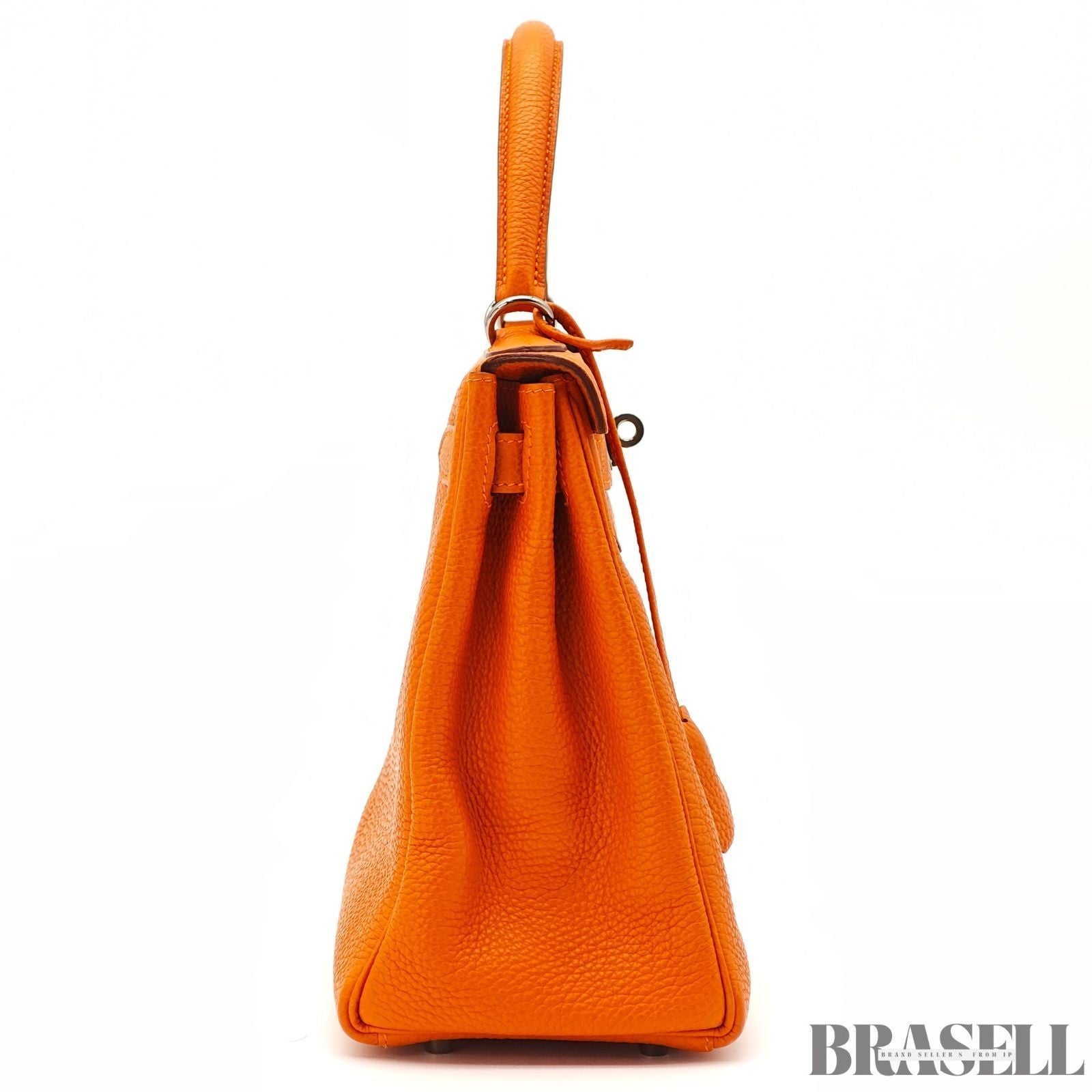 HERMES Kelly 28 Orange Silver Metal Taurillon Clemence 2way Handbag Shoulder Bag