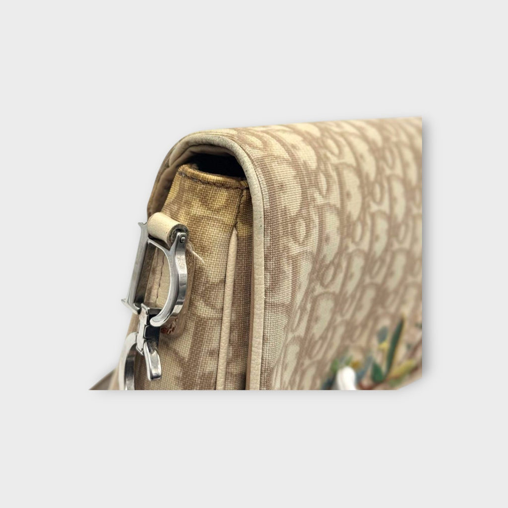 Dior Trotter Flower Embroidery Shoulder Bag CD Hardware Canvas Leather Beige 【B】