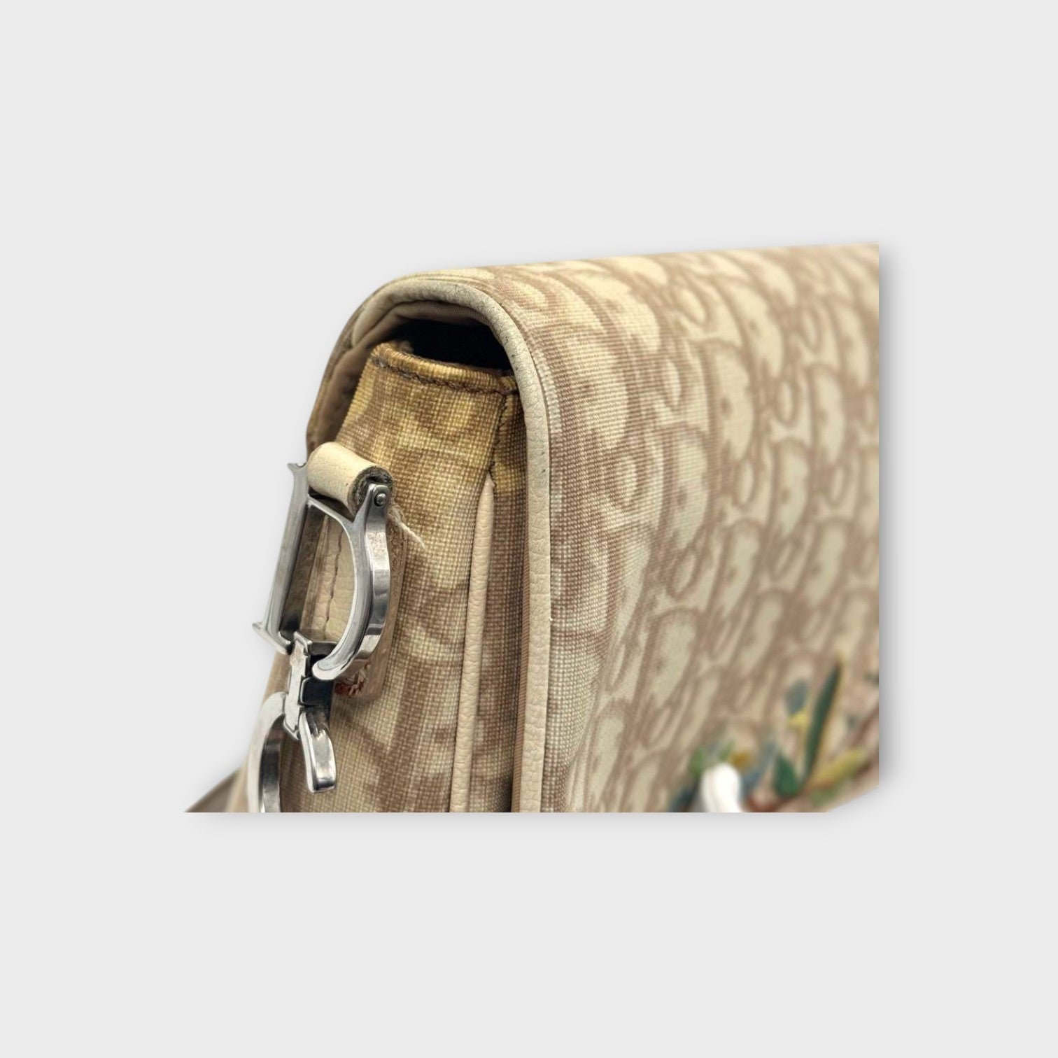 Dior Trotter Flower Embroidery Shoulder Bag CD Hardware Canvas Leather Beige 【B】