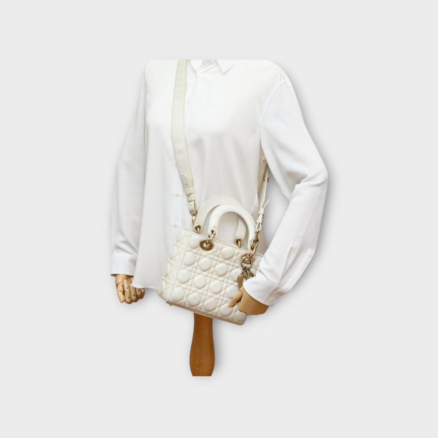 Dior Lady Dior 2Way Handbag Shoulder Bag White Lambskin Gold Hardware 【A】