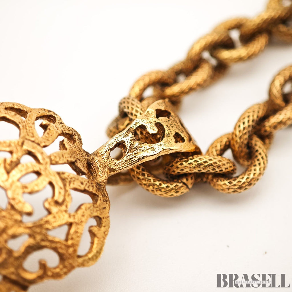 CHANEL Gripoix Long Chain Necklace Gold Red Flower Motif With Box