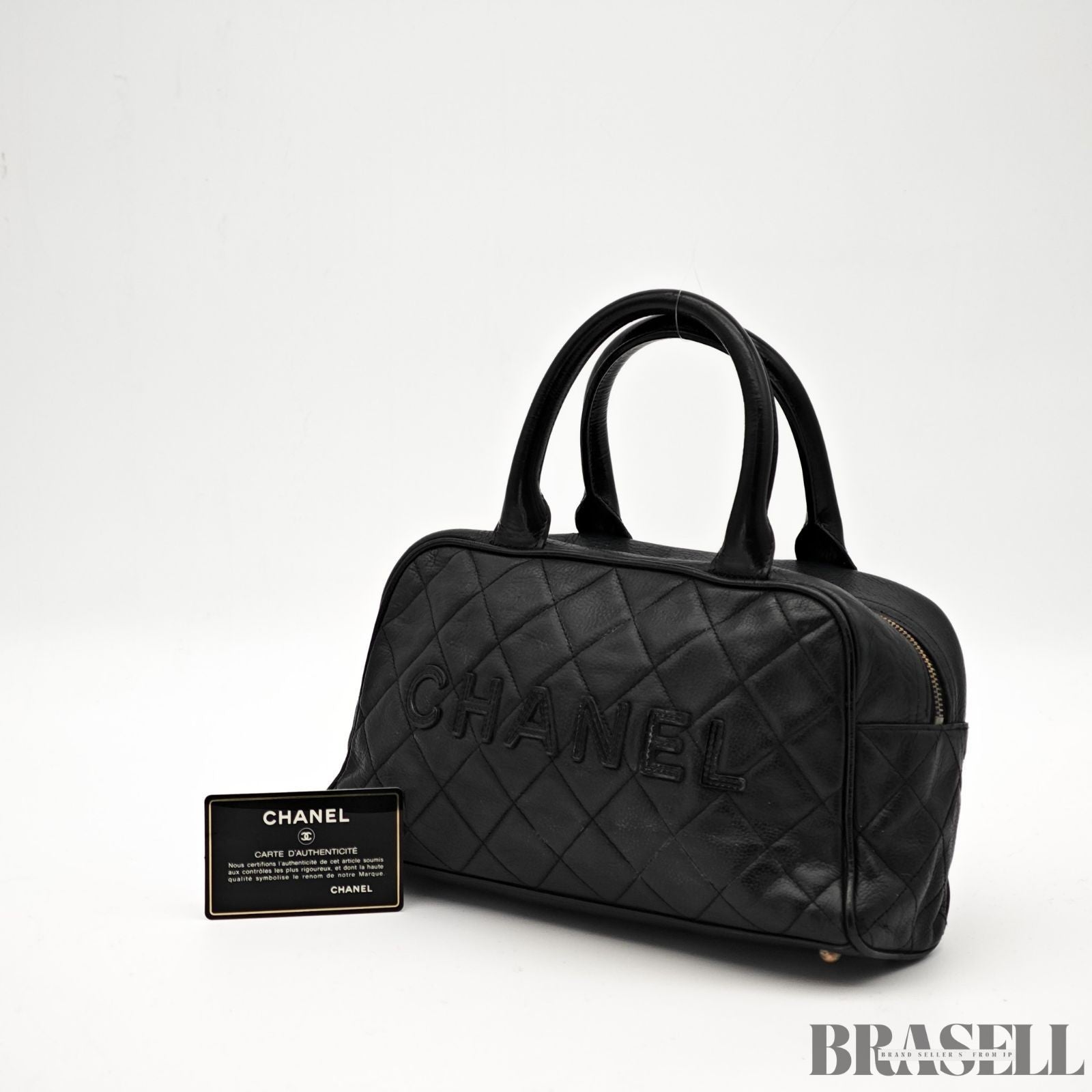 CHANEL Matelassé Caviar Leather Mini Boston Handbag Black with Guarantee Card