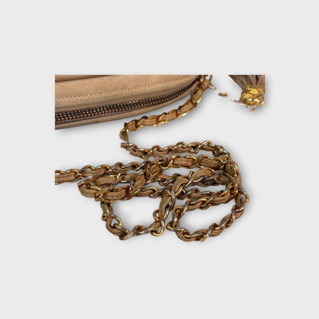CHANEL Chain Shoulder Bag Matelassé Suede Leather Coco Mark Beige 【B】