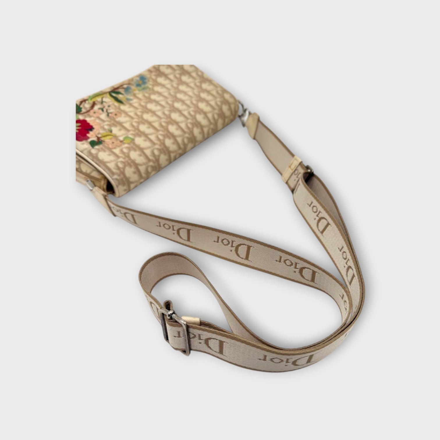 Dior Trotter Flower Embroidery Shoulder Bag CD Hardware Canvas Leather Beige 【B】