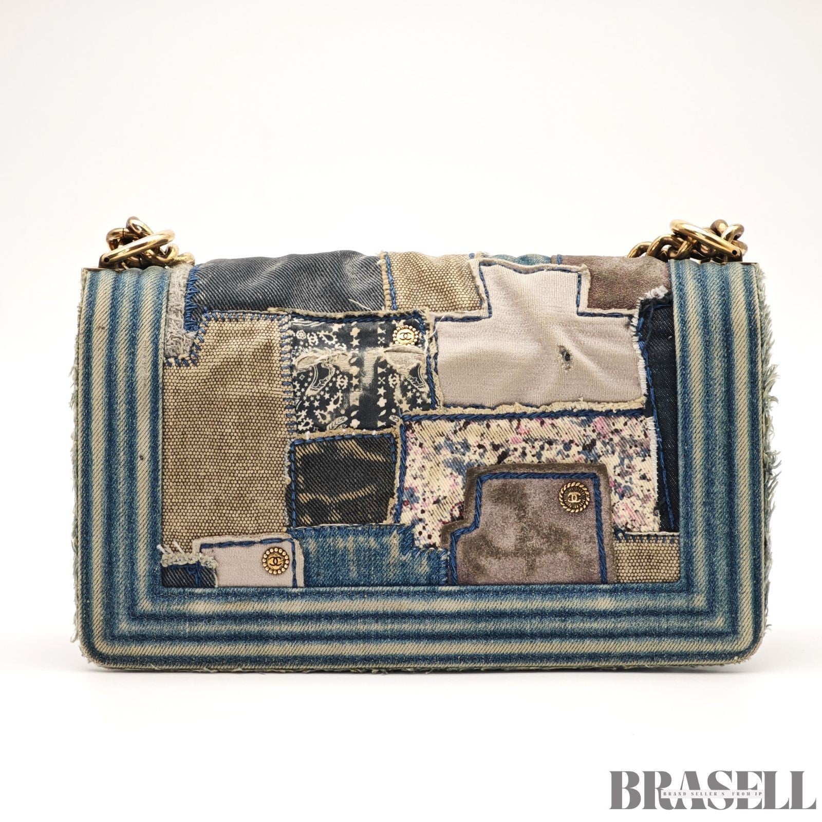 Chanel Boy Chanel Patchwork Chain Shoulder Bag Blue Gold Denim w/Box Dust Bag