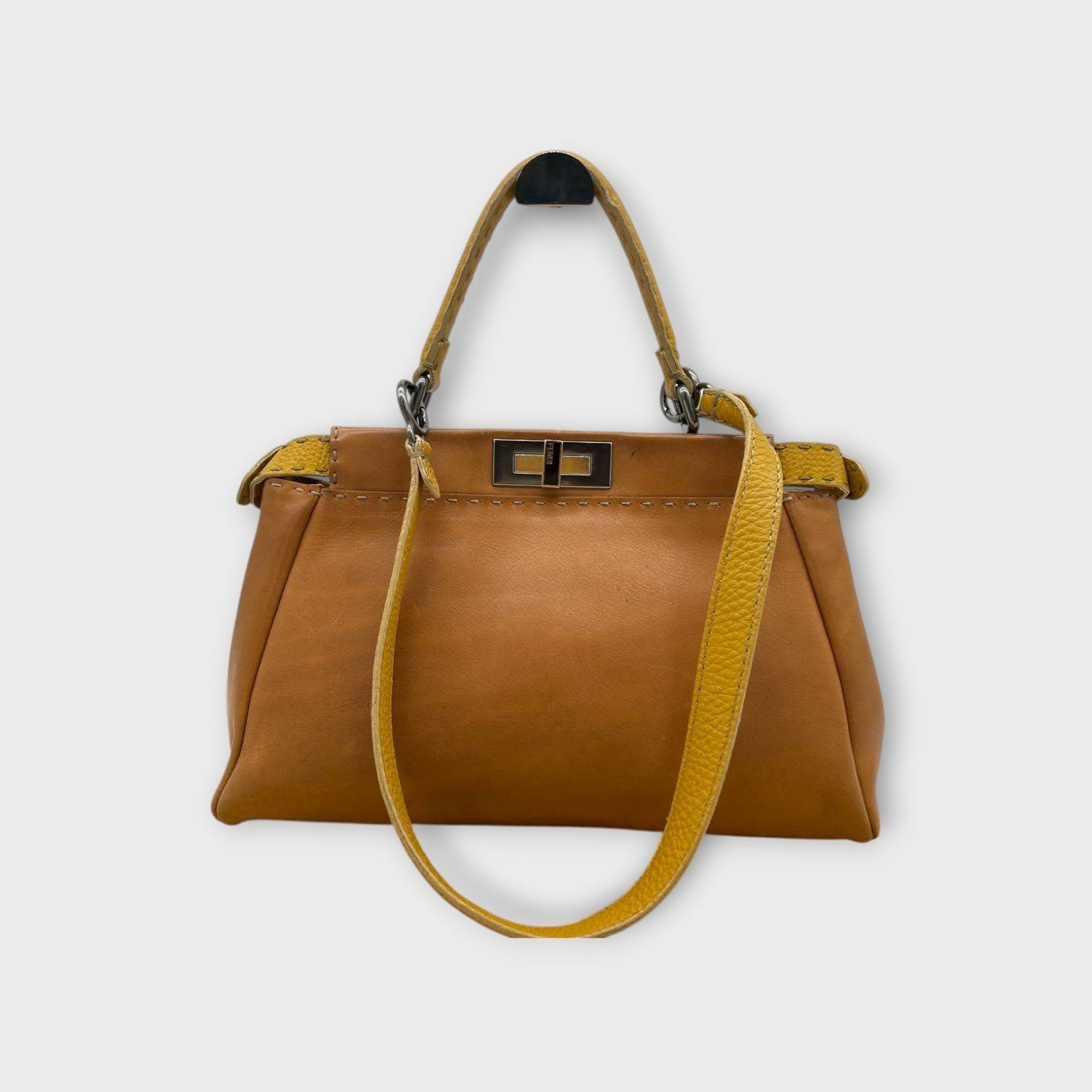 Fendi Selleria 2Way Handbag Shoulder Bag Leather Stitch Beige Yellow 【A】