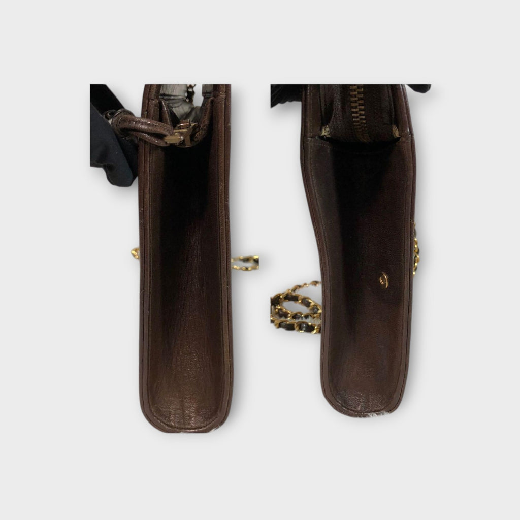 CHANEL Matelassé Lambskin Chain Shoulder Bag Fringe Gold Coco Mark Brown 【B】