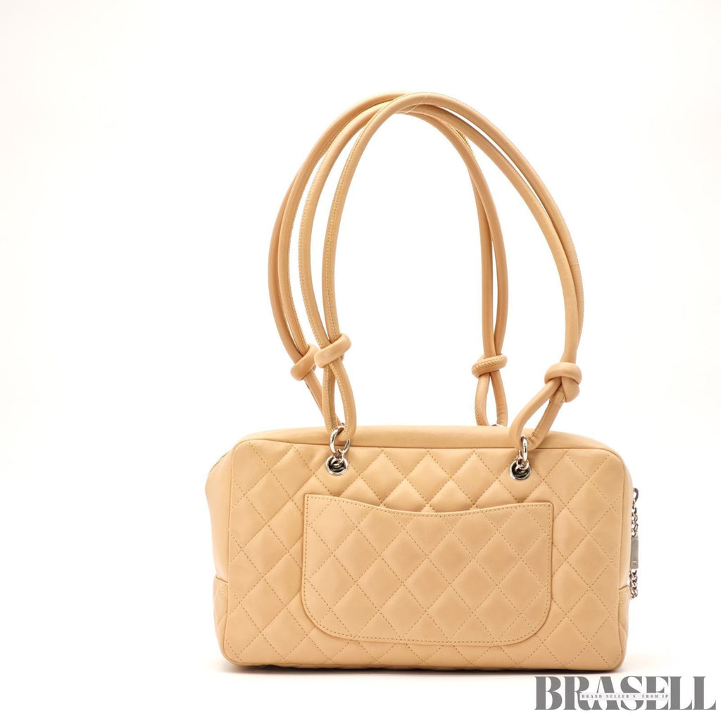 CHANEL Cambon Line Bowling Tote Bag Handbag Leather Beige with Warranty Card