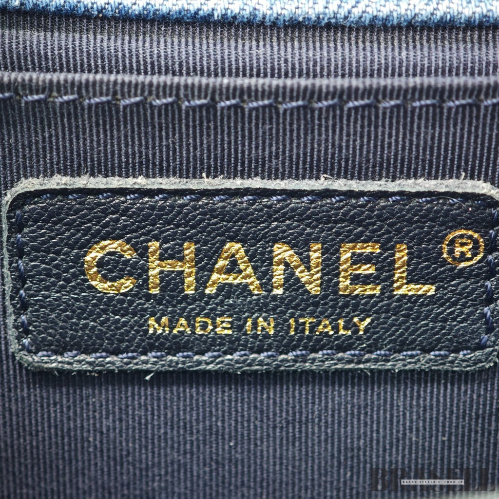 Chanel Boy Chanel Patchwork Chain Shoulder Bag Blue Gold Denim w/Box Dust Bag