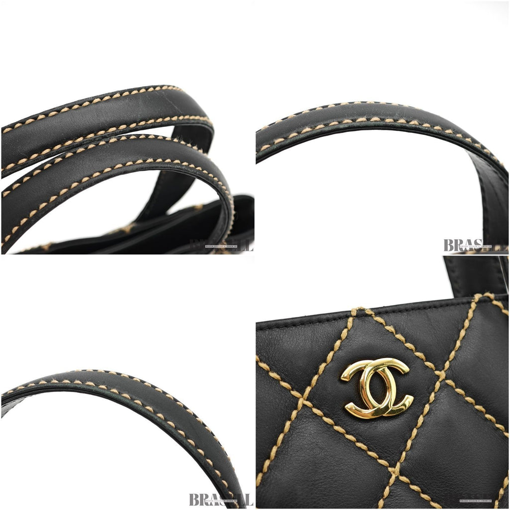 CHANEL Wild Stitch Tote Bag Handbag Calf Leather Black with Warranty Card